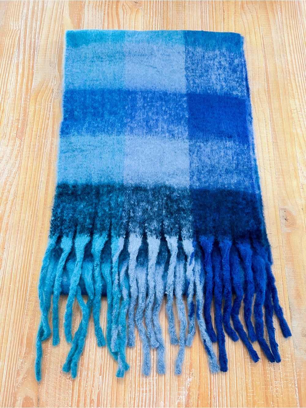 NWOT Boutique Blue Tonal Plaid Oversized Brushed Fringe Scarf